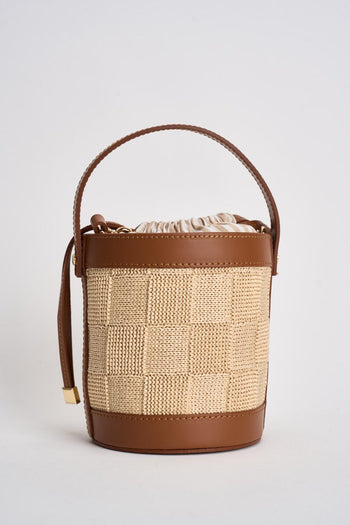 Borsa donna secchiello beige e cuoio in rafia - 4