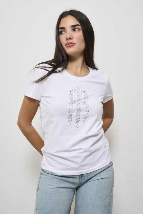 White crew neck women's t-shirt with rhinestones