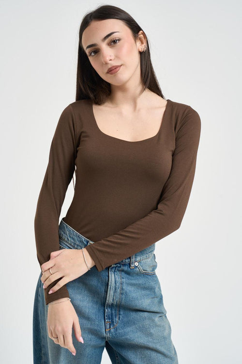 Maglia donna scollo quadrato marrone - 1