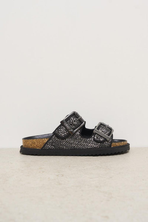 Sandalo donna in rafia laminato nero