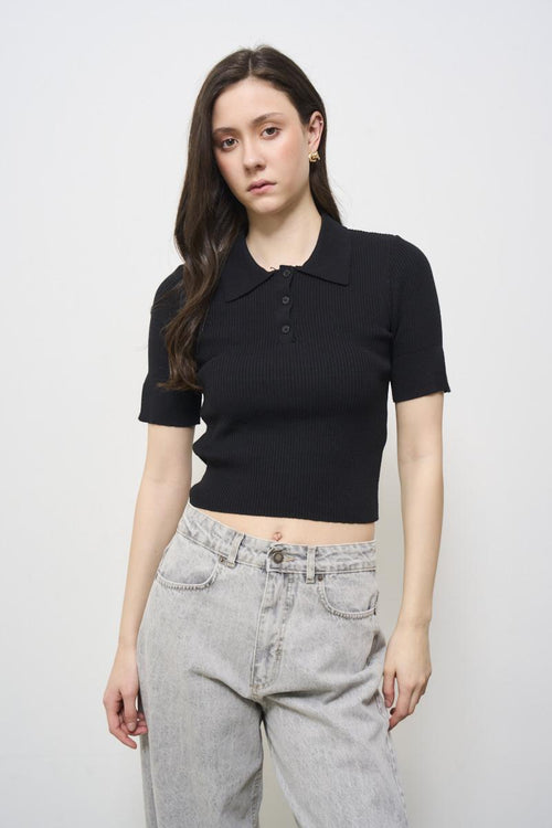 Women's black knitted polo shirt