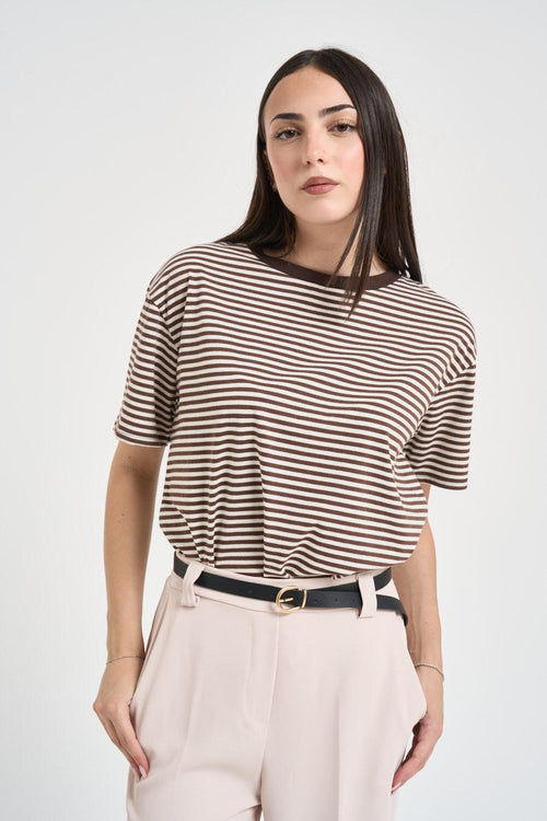 T-shirt donna a righe marrone