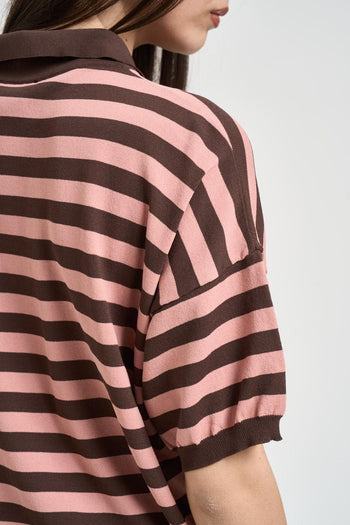 Polo donna in maglia a righe rosa e marrone - 4