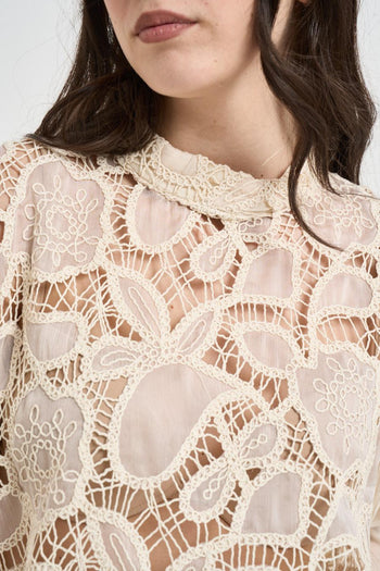 Blusa donna burro con ricamo macramè floreale - 3