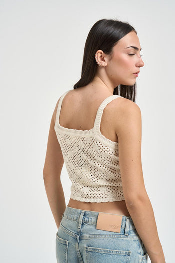 Top donna in maglia traforata panna - 4