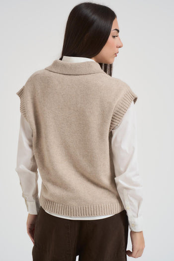 Gilet donna a polo in maglia beige - 3