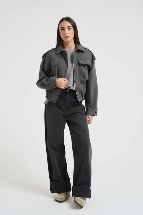 Bomber donna gessato in fresco lana grigio - 2