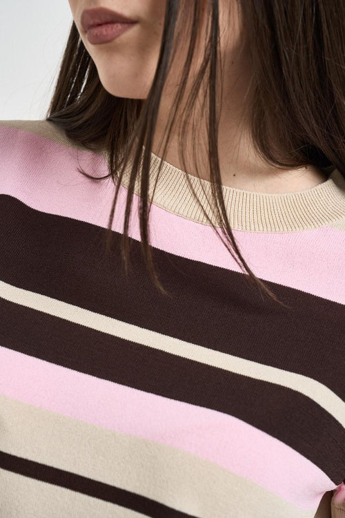 Maglia donna girocollo righe rosa e marrone - 2