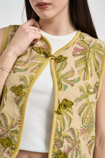 Gilet donna jacquard con motivo tropicale verde - 3