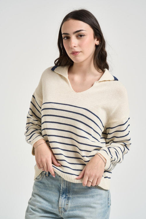 Maglia donna a righe panna e blu