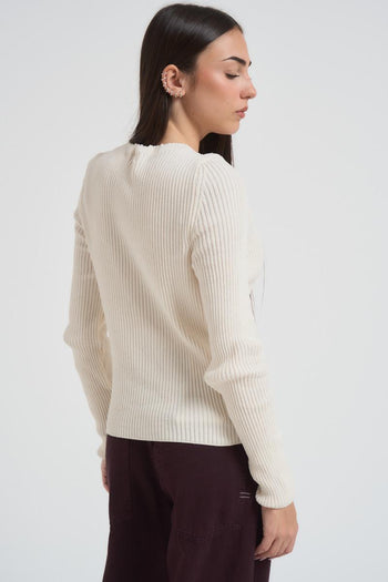 Maglia donna girocollo a costine panna - 4