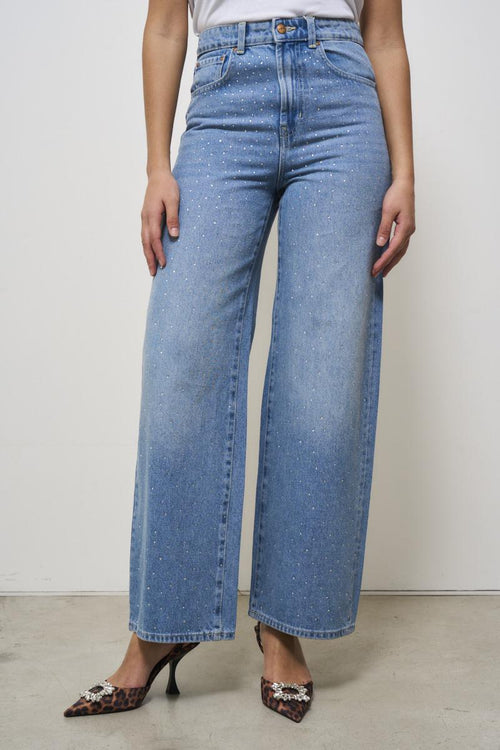 Jeans donna wide leg chiaro con strass - 2