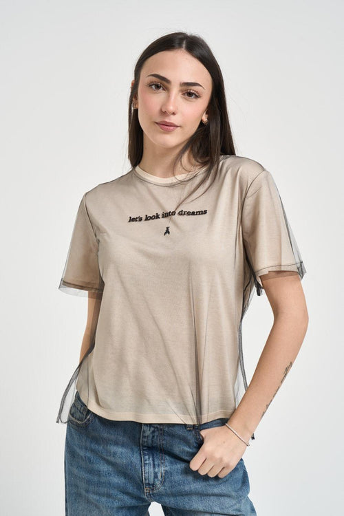 T-shirt donna sovrapposizione in tulle beige - 1