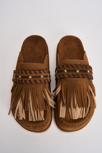 Sabot donna con frange in suede marrone - 6
