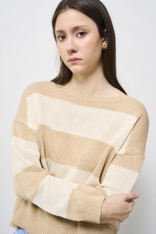 Beige striped women's sweater - 2