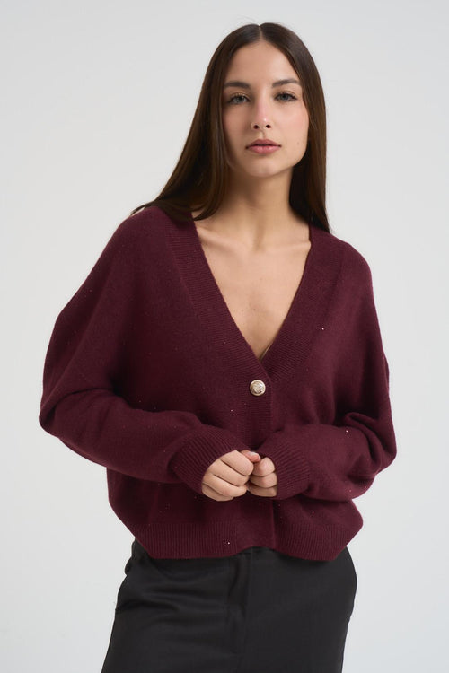 Cardigan donna scollo a V con strass bordeaux