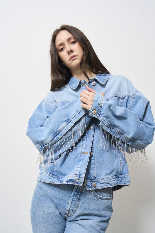 Women's denim jacket with rhinestone fringes - 2