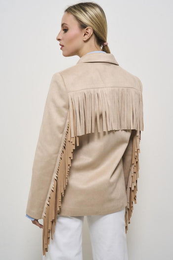 Women's beige suede jacket with fringes - 4