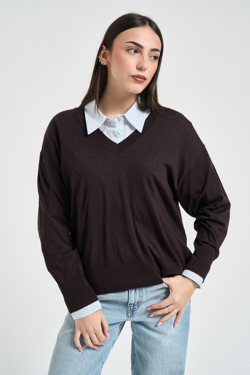 Maglia donna scollo a V marrone - 2