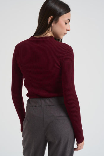 Maglia donna girocollo a costine bordeaux - 4