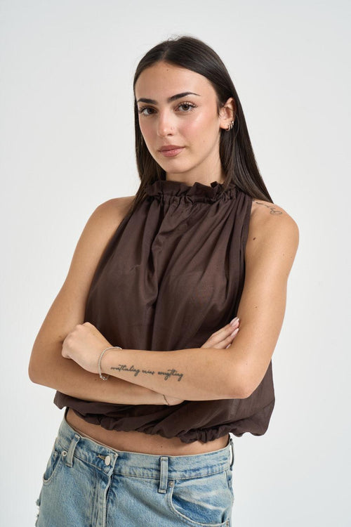 Blusa donna collo arricciato marrone - 2