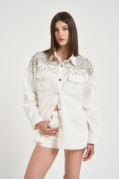 Camicia donna in denim bianca con strass - 1