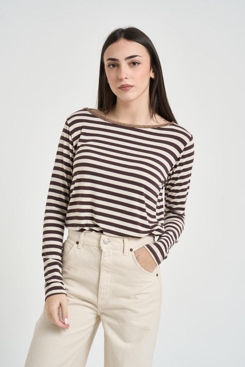 Maglia donna a righe marrone e panna - 1