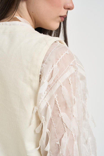 Gilet donna in cotone panna con ricami a contrasto - 5