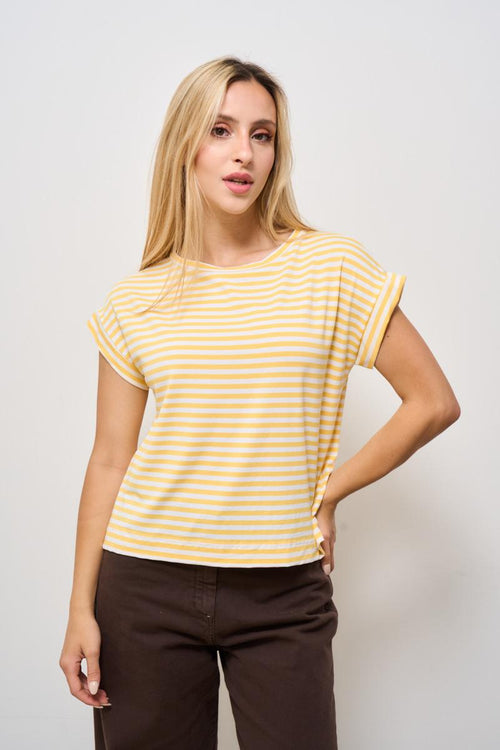 T-shirt donna girocollo a righe gialla