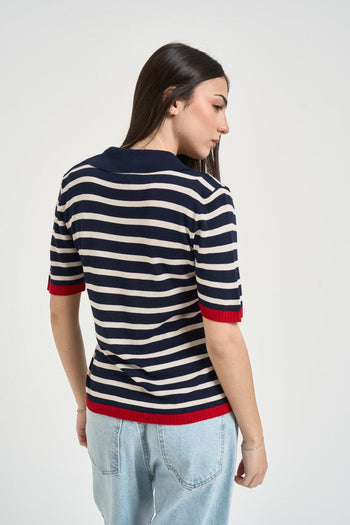 Polo donna a righe blu e panna - 4