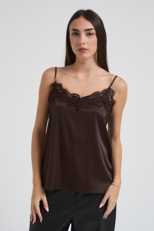 Top donna satin intarsi in pizzo marrone