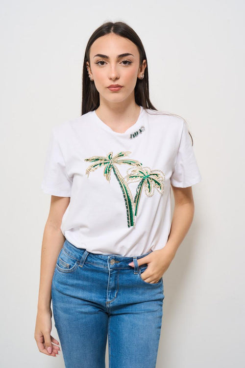 T-shirt donna girocollo bianca con strass