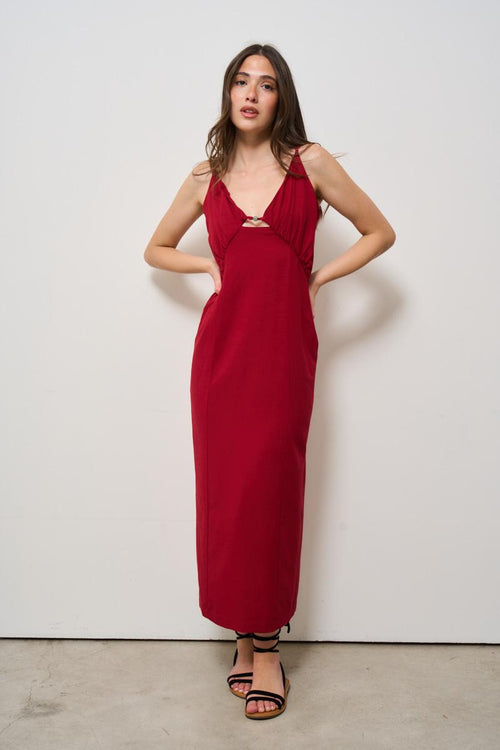 Abito donna lungo rosso con pietra celeste - 2