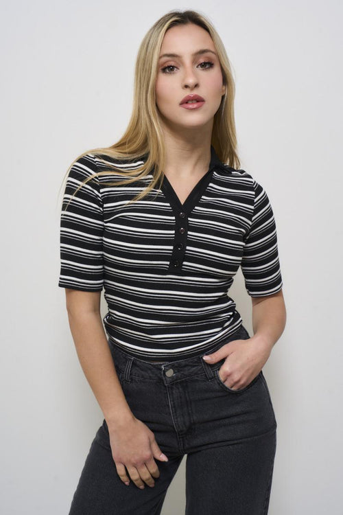 Black and white striped women's polo