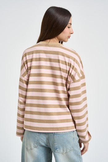 Maglia donna girocollo a righe beige e rosa - 3
