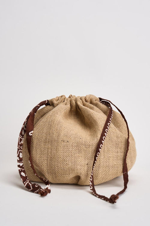 Borsa donna secchiello in juta beige e marrone
