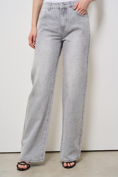 Jeans donna in denim grigio con strass - 2
