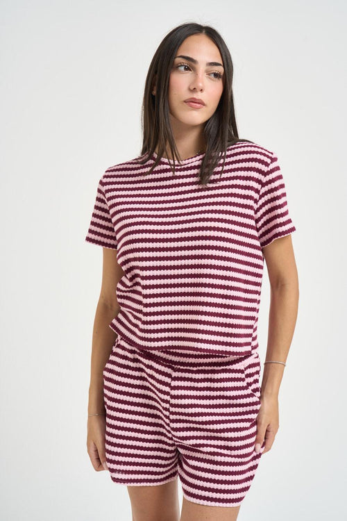 T-shirt donna a righe rosa e bordeaux - 1