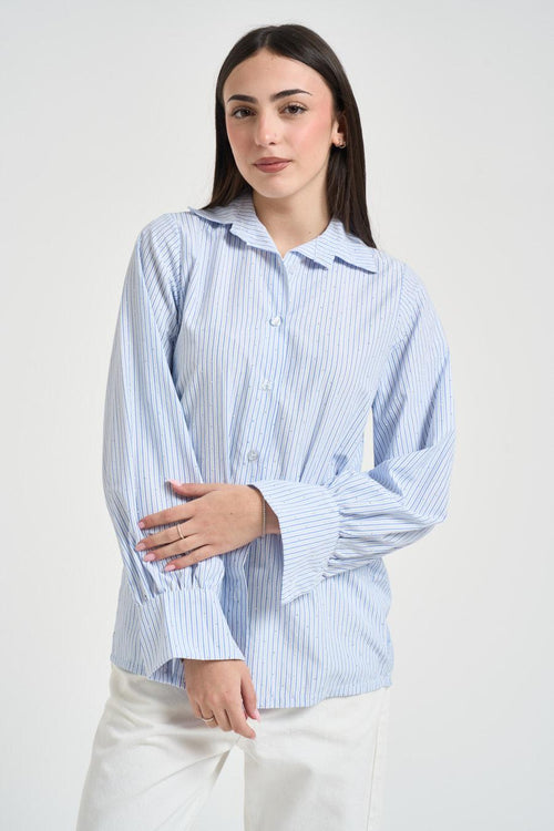 Camicia donna a righe con strass celeste - 1