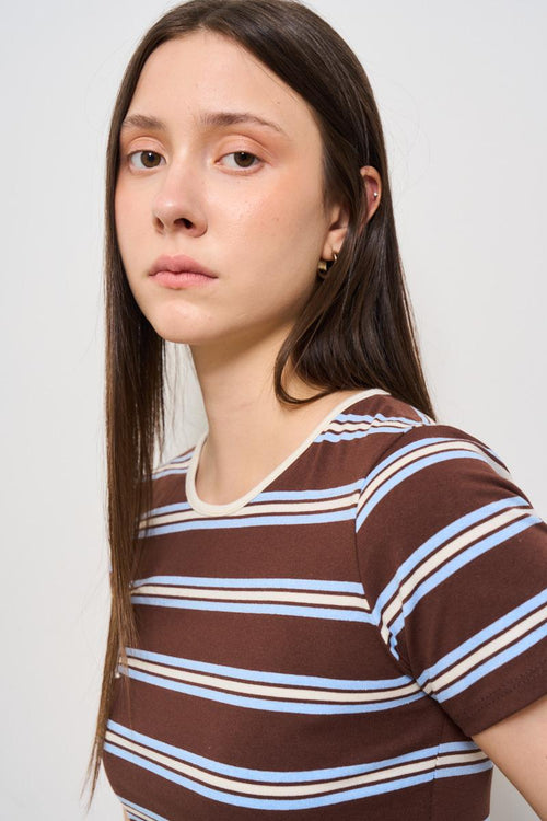 T-shirt donna girocollo a righe marroni e celeste - 2