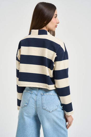 Polo donna a righe blu e panna - 5