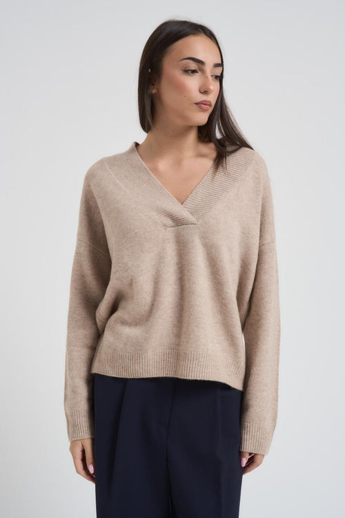 Maglia over donna scollo a V beige - 2