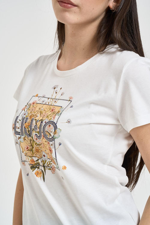 T-shirt donna girocollo con strass bianca - 2