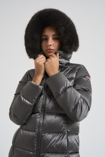 Piumino donna trapuntato con bordo in vera pelliccia grigio - 5