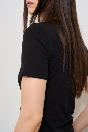 T-shirt donna girocollo nera con strass - 5