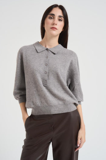 Maglione pullover donna collo polo grigio - 3
