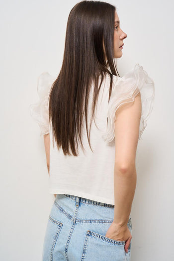 T-shirt donna girocollo bianca con volant - 3