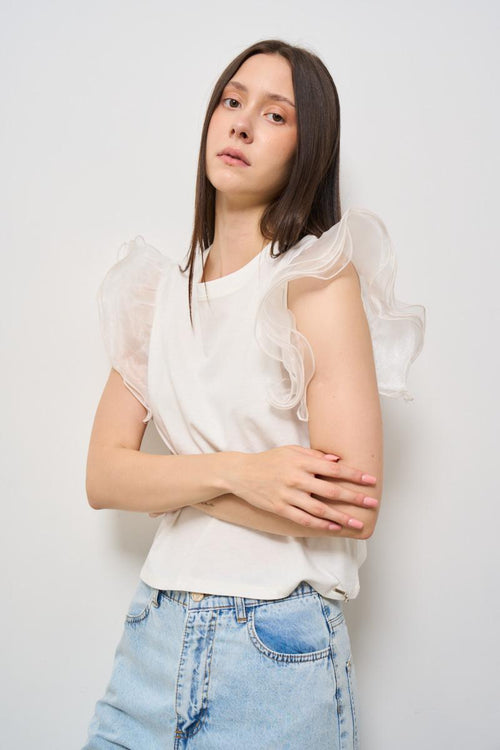T-shirt donna girocollo bianca con volant