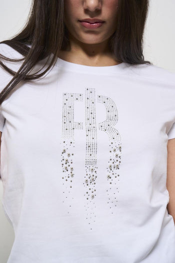 White crew neck women's t-shirt with rhinestones - 3
