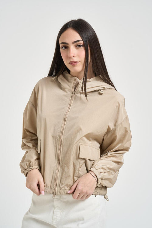 Giacca donna in nylon beige con cappuccio